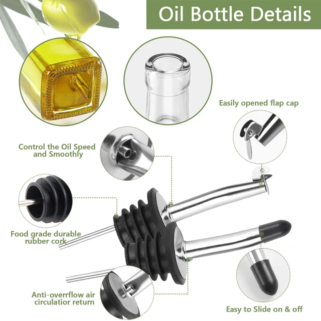 Alt view image 7 of 7 - Olive Oil Dispenser Bottle, 2 Pcs Glass Olive Oil Dispenser and Vinegar Dispenser Set with 2 Stainless Steel Pourers, 4 Labels,1 Brush and 1 Funnel Oil Bottles for Kitchen (500ml)