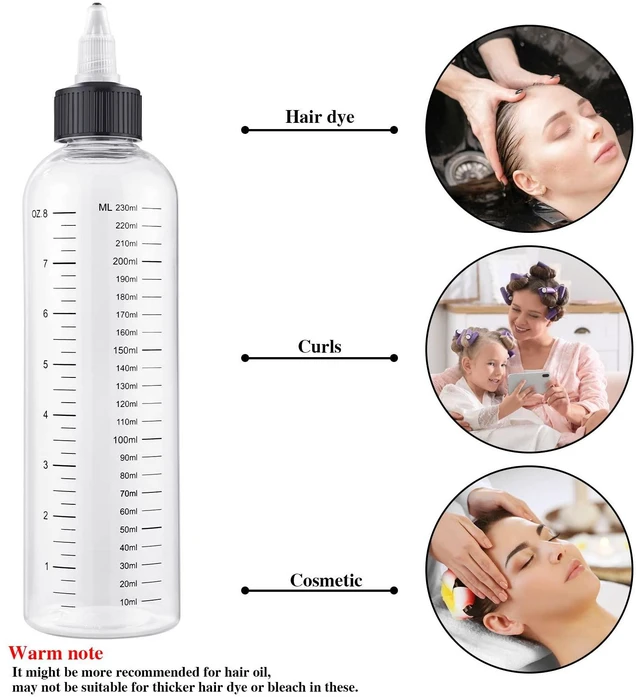 Alt view image 5 of 7 - 2Pcs 8.5Oz Hair Oil Applicator Bottles For Scalp, Plastic Squeeze | Root Hair Dye Bottle Twist-On Top Tip Cap with Graduated Scale, Clear Soft Squeeze Bottle For Hair Oil, Dye Dispenser