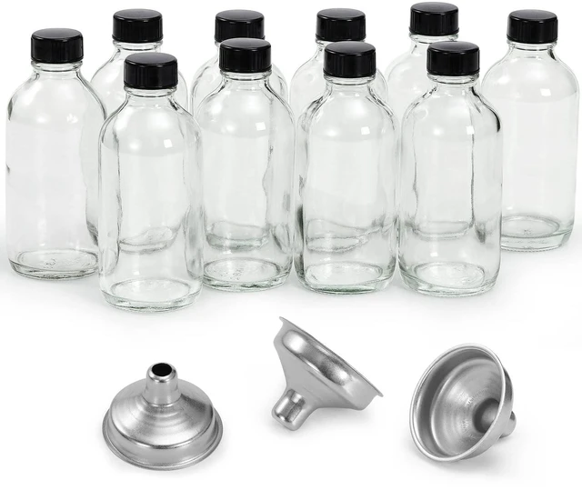 Main image of 10 Pack, 4 oz Small Clear Glass Bottles w/ Lids & 3 Stainless Steel Funnel - 120ml Boston Round Sample Bottle for Potion, Juice, Ginger Shot, Wellness, Oils, Whiskey, Liquids - Leakproof Travel Bottle