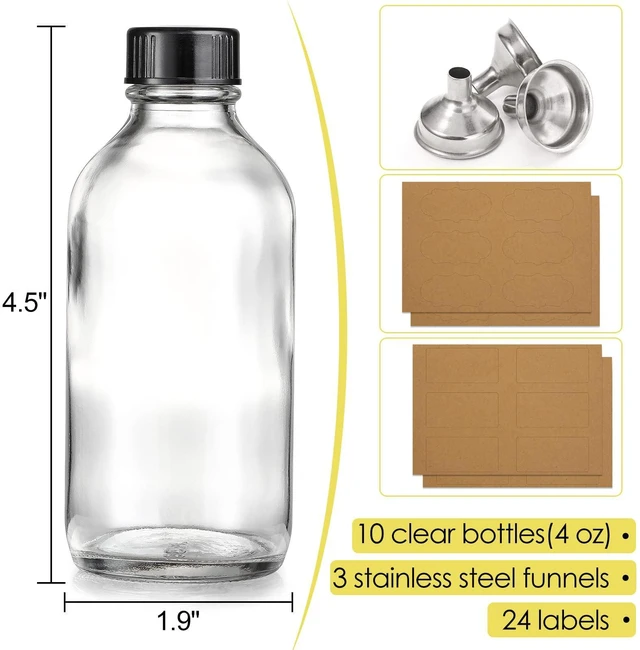 Alt view image 2 of 7 - 10 Pack, 4 oz Small Clear Glass Bottles w/ Lids & 3 Stainless Steel Funnel - 120ml Boston Round Sample Bottle for Potion, Juice, Ginger Shot, Wellness, Oils, Whiskey, Liquids - Leakproof Travel Bottle