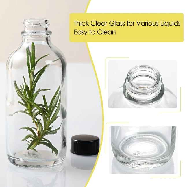 Alt view image 4 of 7 - 10 Pack, 4 oz Small Clear Glass Bottles w/ Lids & 3 Stainless Steel Funnel - 120ml Boston Round Sample Bottle for Potion, Juice, Ginger Shot, Wellness, Oils, Whiskey, Liquids - Leakproof Travel Bottle