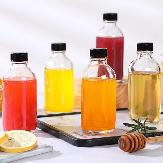 Alt view image 7 of 7 - 10 Pack, 4 oz Small Clear Glass Bottles w/ Lids & 3 Stainless Steel Funnel - 120ml Boston Round Sample Bottle for Potion, Juice, Ginger Shot, Wellness, Oils, Whiskey, Liquids - Leakproof Travel Bottle