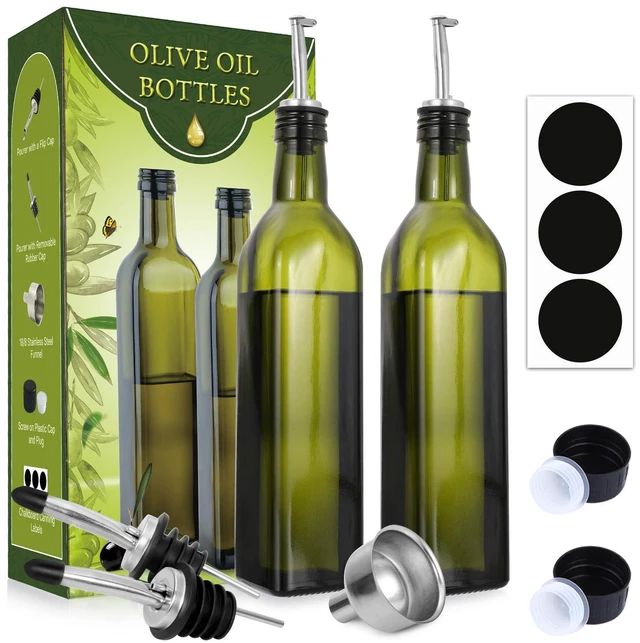 Main image of [2 PACK 17 oz Glass Olive Oil Dispenser Bottle Set - 500ml Dark Green Oil & Vinegar Cruet Bottle with Pourers, Funnel and Labels - Olive Oil Carafe Decanter for Kitchen