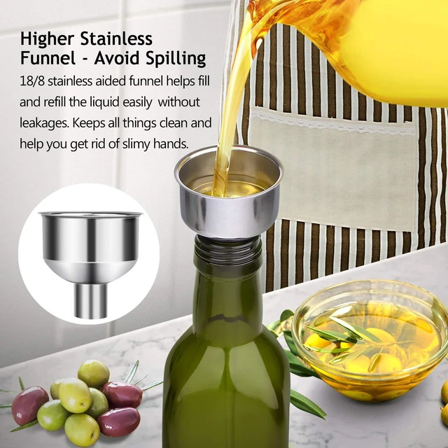 Alt view image 3 of 7 - [2 PACK 17 oz Glass Olive Oil Dispenser Bottle Set - 500ml Dark Green Oil & Vinegar Cruet Bottle with Pourers, Funnel and Labels - Olive Oil Carafe Decanter for Kitchen
