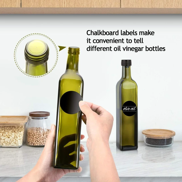 Alt view image 4 of 7 - [2 PACK 17 oz Glass Olive Oil Dispenser Bottle Set - 500ml Dark Green Oil & Vinegar Cruet Bottle with Pourers, Funnel and Labels - Olive Oil Carafe Decanter for Kitchen