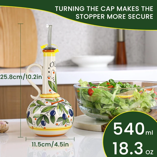 Alt view image 2 of 6 - 18 oz Ceramic Olive Oil Dispenser Bottle for Kitchen, Large Capacity Oli and Vinegar Cruet with Stainless Steel Spout, 540 ml Oil Container with Handle for Cooking Preventing, Vinegar Cruet