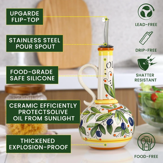 Alt view image 6 of 6 - 18 oz Ceramic Olive Oil Dispenser Bottle for Kitchen, Large Capacity Oli and Vinegar Cruet with Stainless Steel Spout, 540 ml Oil Container with Handle for Cooking Preventing, Vinegar Cruet