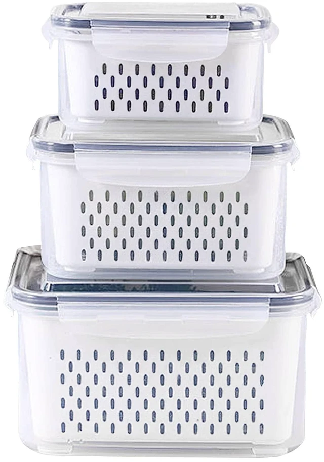 Main image of 3Pack Fridge Food Storage Container Set with Lids with Strainer,Plastic Fresh Produce Saver Vegetable Fruit Meat Storage Organization, BPA-Free Plastic Produce Keepers(3.15L+1.7L+0.8L)