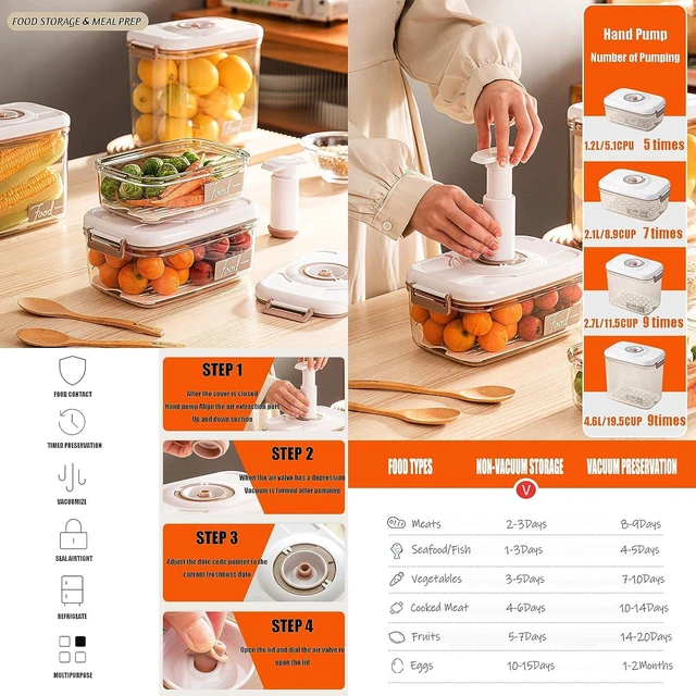 Alt view image 5 of 7 - Vacuum Seal Containers - Preserve Freshness with Time Dial, BPA-Free, Microwave-Safe - 2-Piece Set (5.1 Cups + 8.9 Cups Rectangular), White, liv01