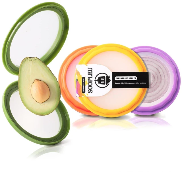 Main image of Double-Sided Avocado Saver & Onion Storage, 4Pcs Food Holder | Upgraded Double-Sided Silicone! 4Pcs Avocado Saver & Onion Storage. Keeps garlic, tomato & produce fresh in fridge containers