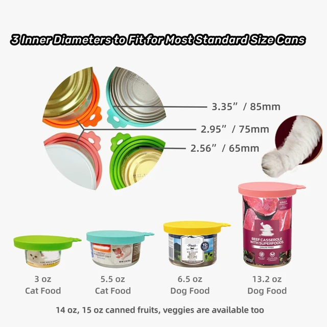 Alt view image 3 of 7 - - Silicone Cat/Dog Food Can Covers Lids, Universal 3 Sizes Fit for 3oz, 5.5oz, 6.5oz, 13oz, 13.2oz Pet Food Cans, BPA Free, Reusable (box set of 2 lids in Green & Yellow)