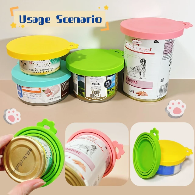 Alt view image 7 of 7 - - Silicone Cat/Dog Food Can Covers Lids, Universal 3 Sizes Fit for 3oz, 5.5oz, 6.5oz, 13oz, 13.2oz Pet Food Cans, BPA Free, Reusable (box set of 2 lids in Green & Yellow)