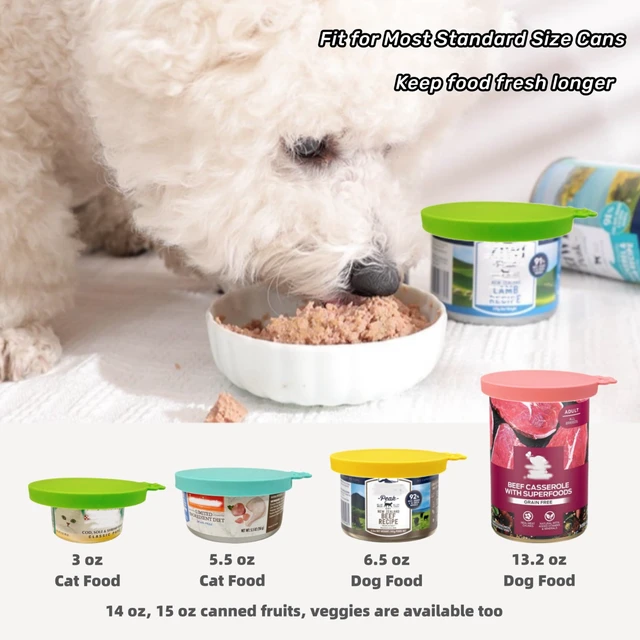 Alt view image 6 of 7 - - Silicone Cat/Dog Food Can Covers Lids, Universal 3 Sizes Fit for 3oz, 5.5oz, 6.5oz, 13oz, 13.2oz Pet Food Cans, BPA Free, Reusable (box set of 2 lids in Green & Yellow)