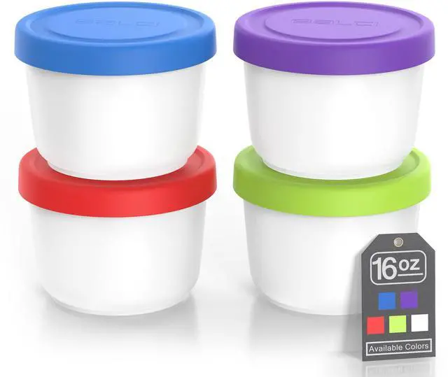 Main image of 16oz Ice Cream Containers - Set of 4 (Multicolor) | 1 pint reusable freezer food storage containers with silicone lids. Leakproof design for homemade ice cream.