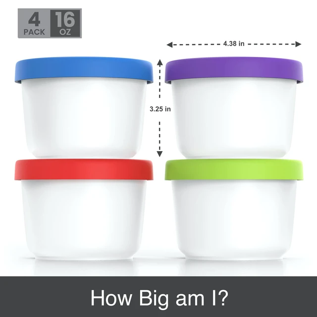 Alt view image 3 of 5 - 16oz Ice Cream Containers - Set of 4 (Multicolor) | 1 pint reusable freezer food storage containers with silicone lids. Leakproof design for homemade ice cream.