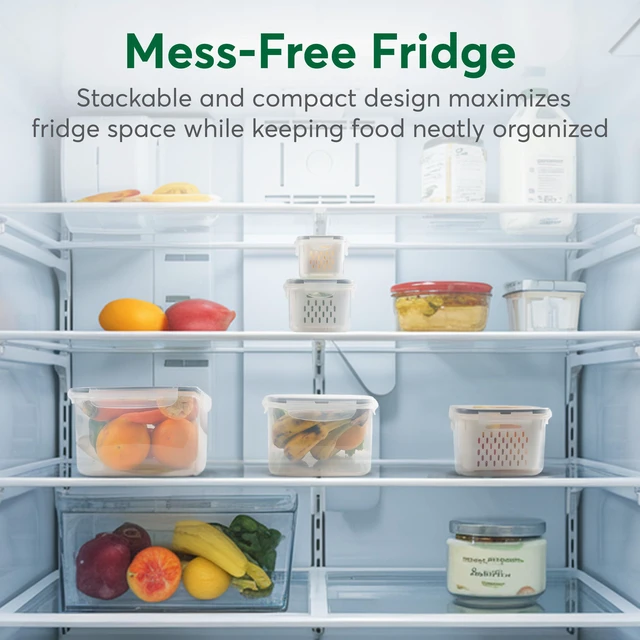 Alt view image 2 of 7 - 5 Set Fruit Storage Containers for Fridge with Colander, Produce & Veggie | Dishwasher safe, leakproof BPA-free plastic, stackable vegetable& fruit saver for refrigerator, keep berry salad meat fresh
