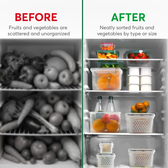 Alt view image 3 of 7 - 5 Set Fruit Storage Containers for Fridge with Colander, Produce & Veggie | Dishwasher safe, leakproof BPA-free plastic, stackable vegetable& fruit saver for refrigerator, keep berry salad meat fresh