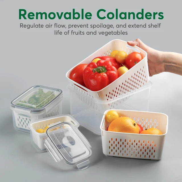 Alt view image 4 of 7 - 5 Set Fruit Storage Containers for Fridge with Colander, Produce & Veggie | Dishwasher safe, leakproof BPA-free plastic, stackable vegetable& fruit saver for refrigerator, keep berry salad meat fresh