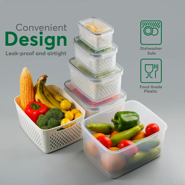 Alt view image 5 of 7 - 5 Set Fruit Storage Containers for Fridge with Colander, Produce & Veggie | Dishwasher safe, leakproof BPA-free plastic, stackable vegetable& fruit saver for refrigerator, keep berry salad meat fresh