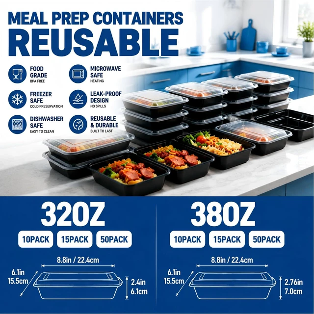 Alt view image 7 of 7 - 15 Pack 32oz Meal Prep Containers Reusable BPA-Free, Disposable Food Storage Take Out Containers with Lids, Leakproof Plastic To Go Food Containers, Microwave Freezer Dishwasher Safe