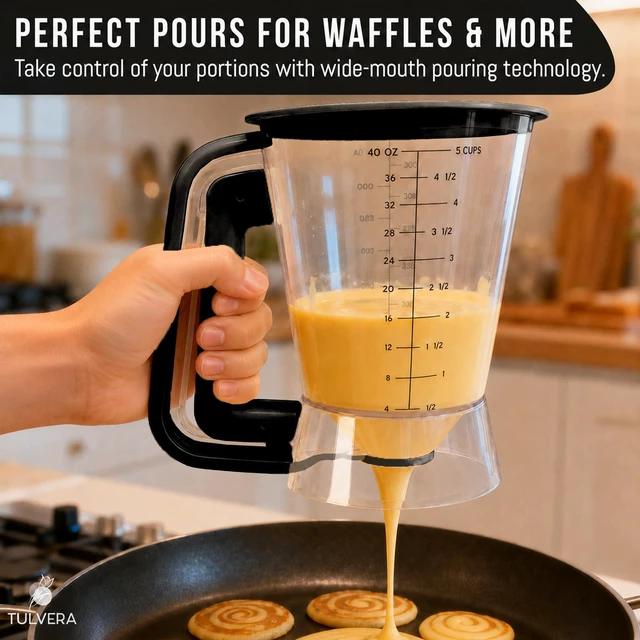 Alt view image 5 of 7 - Pancake Batter Dispenser | 5-Cup Mix Pourer for Pancakes, Waffles, Crepes, Muffins, Cupcakes | Squeeze Handle, Portion Control Pitcher, Durable Drip-Free Design | Baking Accessories (Original Black)