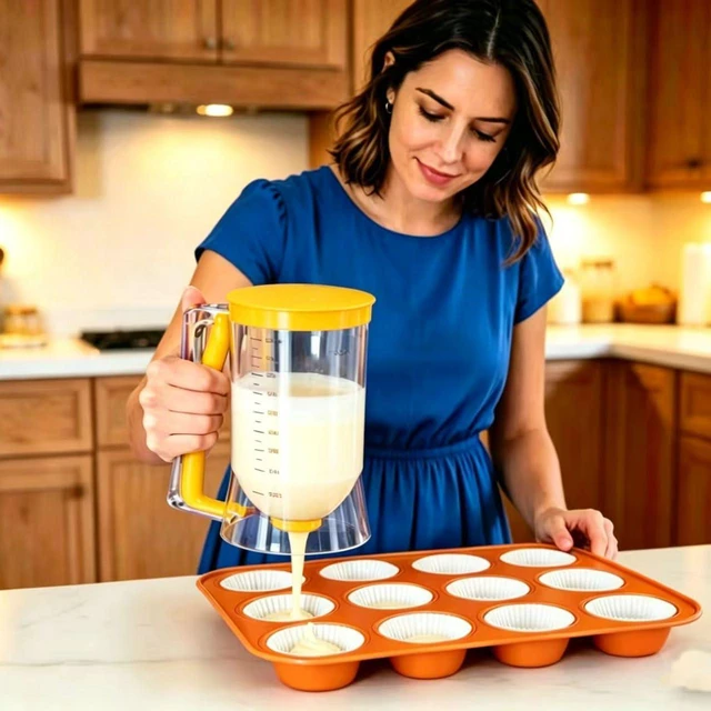 Alt view image 2 of 7 - Batter separator Cupcakes Pancakes Cookie Cake Waffles Batter Dispenser cookie separator batter Cream Speratator Cup Measuring Baking Tools(Orange)
