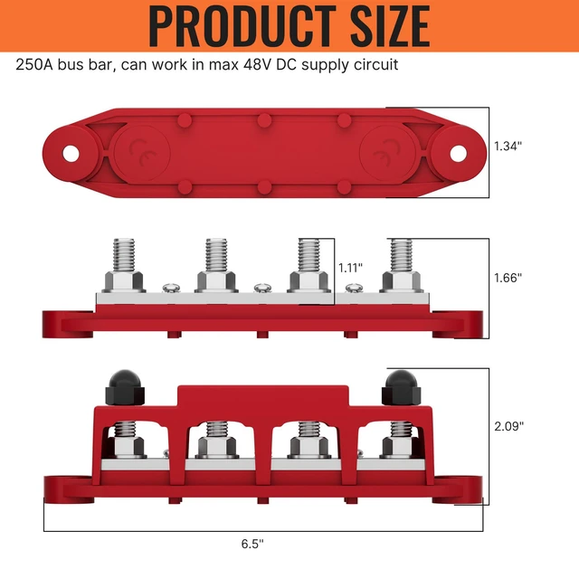 Alt view image 2 of 6 - Power Distribution Block Bus Bar 12V 250A with 4 x 5/16"(M8) Studs Marine Bus Bar 12 Volt DC Battery Busbar Terminal Block for Automotive, Car, Boat, Solar Wiring - Negative&Positive