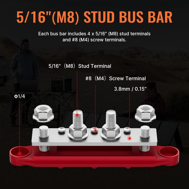 Alt view image 3 of 6 - Power Distribution Block Bus Bar 12V 250A with 4 x 5/16"(M8) Studs Marine Bus Bar 12 Volt DC Battery Busbar Terminal Block for Automotive, Car, Boat, Solar Wiring - Negative&Positive