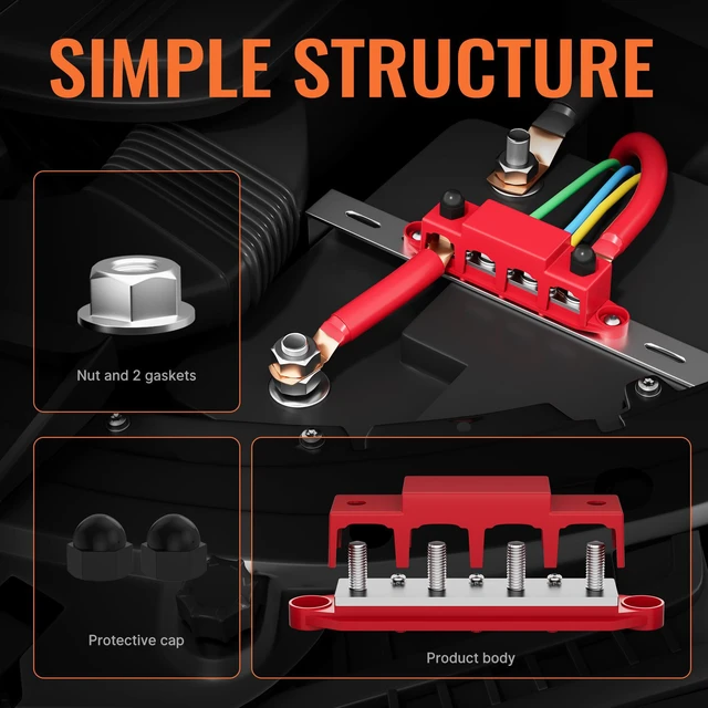 Alt view image 4 of 6 - Power Distribution Block Bus Bar 12V 250A with 4 x 5/16"(M8) Studs Marine Bus Bar 12 Volt DC Battery Busbar Terminal Block for Automotive, Car, Boat, Solar Wiring - Negative&Positive