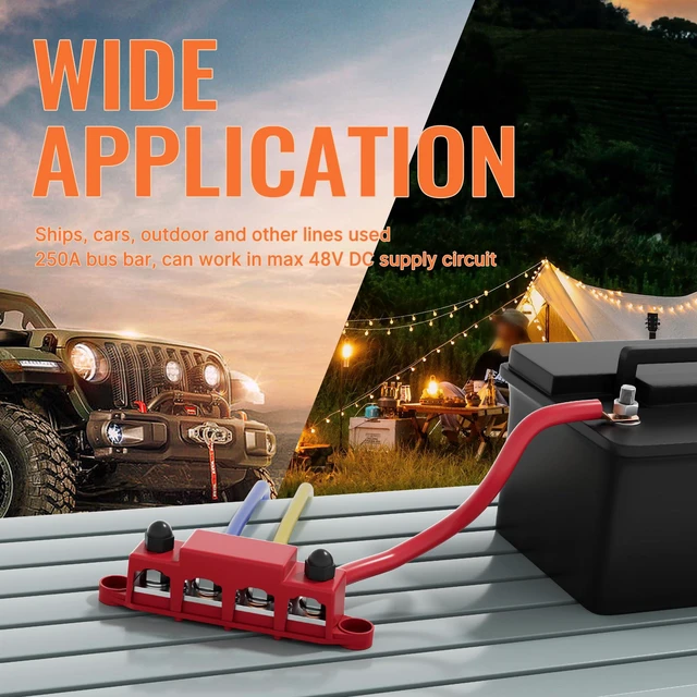 Alt view image 6 of 6 - Power Distribution Block Bus Bar 12V 250A with 4 x 5/16"(M8) Studs Marine Bus Bar 12 Volt DC Battery Busbar Terminal Block for Automotive, Car, Boat, Solar Wiring - Negative&Positive