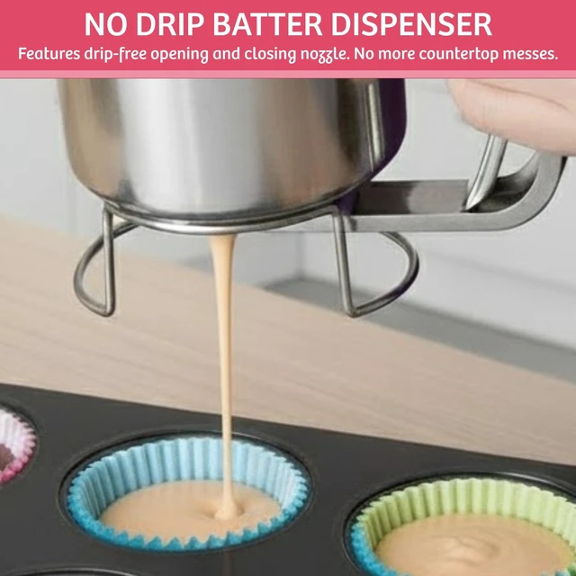 Alt view image 3 of 7 - Pancake Batter Dispenser- Gourmet Stainless-Steel Pourer- Perfect for Baking Cupcakes, Waffles, Cakes, and Muffins- No Drip Dispenser