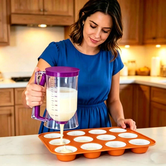 Alt view image 2 of 7 - Pancake Batter Dispenser 4-Cup Batter Dispenser with Squeeze Handle & Measuring Marks for Pancakes, Waffles, Muffins, Crepes & Cupcakes Baking Tool (purple)