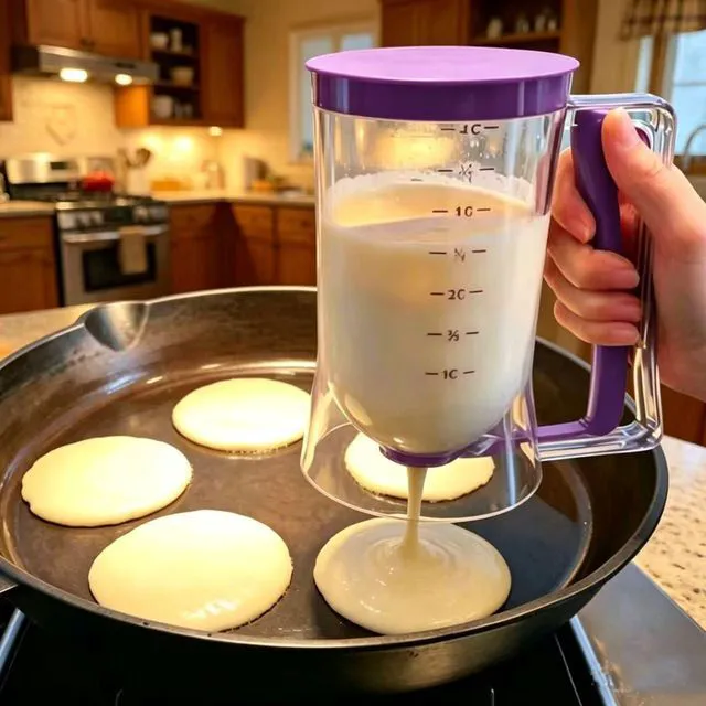 Alt view image 3 of 7 - Pancake Batter Dispenser 4-Cup Batter Dispenser with Squeeze Handle & Measuring Marks for Pancakes, Waffles, Muffins, Crepes & Cupcakes Baking Tool (purple)