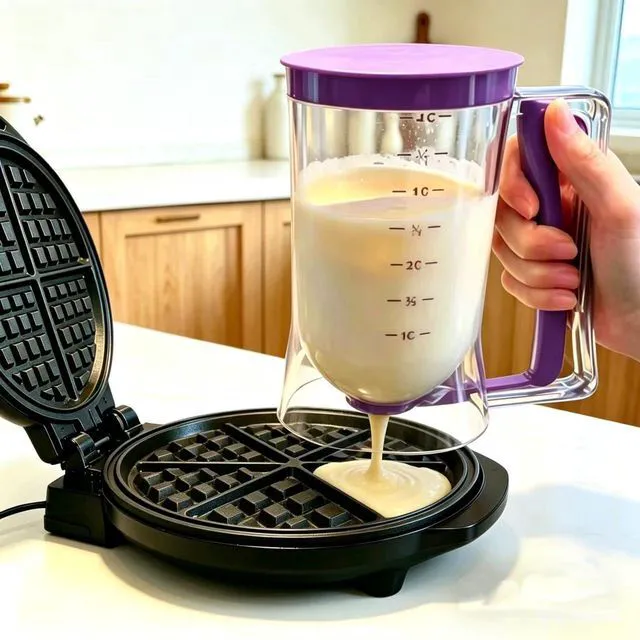 Alt view image 4 of 7 - Pancake Batter Dispenser 4-Cup Batter Dispenser with Squeeze Handle & Measuring Marks for Pancakes, Waffles, Muffins, Crepes & Cupcakes Baking Tool (purple)