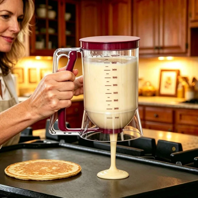 Alt view image 6 of 7 - Pancake Batter Dispenser 4-Cup Batter Dispenser with Squeeze Handle & Measuring Marks for Pancakes, Waffles, Muffins, Crepes & Cupcakes Baking Tool (purple)