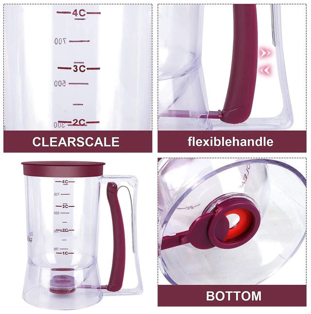 Alt view image 7 of 7 - Pancake Batter Dispenser 4-Cup Batter Dispenser with Squeeze Handle & Measuring Marks for Pancakes, Waffles, Muffins, Crepes & Cupcakes Baking Tool (purple)