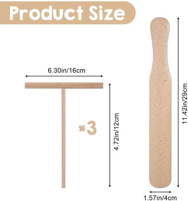 Alt view image 2 of 7 - Crepe Spreader and Crepe Spatula Kit Set of 4 Crepes Tools 1Pc Wooden Spatula and 3Pcs 4.7-inch T-shaped Tool, Fit for Any Size Pan Maker, Wooden Crepes Tools Kit
