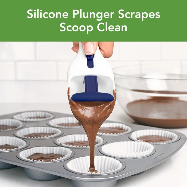 Alt view image 2 of 6 - Cupcake Scoop Batter Dispenser for Cupcakes Muffins Pancakes & Cookie Dough, Easy to Clean Batter Scoop Slide Dispenses Quicker for Even Size Baked Goods Kitchen Gadget, Deep Indigo