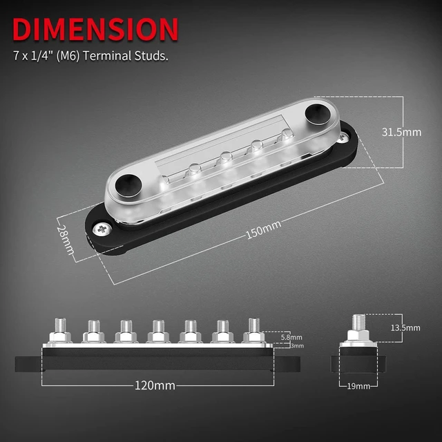 Alt view image 2 of 6 - Battery Bus Bar 12V Marine 7 x 1/4" (M6) Power Distribution Block with Cover 12V - 48V Positive & Negative Busbar Terminal Block for Automotive Car Boat