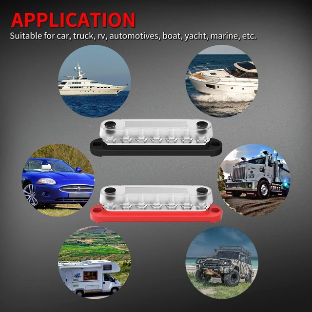 Alt view image 6 of 6 - Battery Bus Bar 12V Marine 7 x 1/4" (M6) Power Distribution Block with Cover 12V - 48V Positive & Negative Busbar Terminal Block for Automotive Car Boat