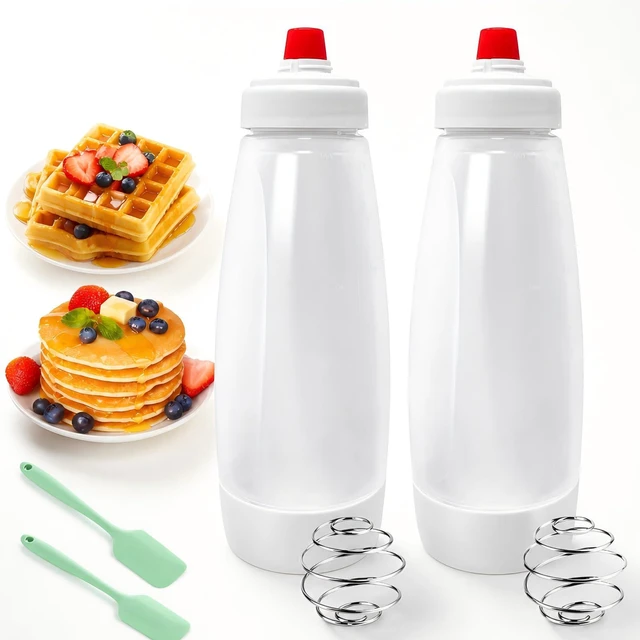 Main image of Pancake Batter Dispenser,Pancake Batter Dispenser Bottle with Whisk Ball and Stand Base, Batter Mixer and Dispenser for Pancakes, Crepes, Waffle,Kitchen Baking Tool 2 Packs