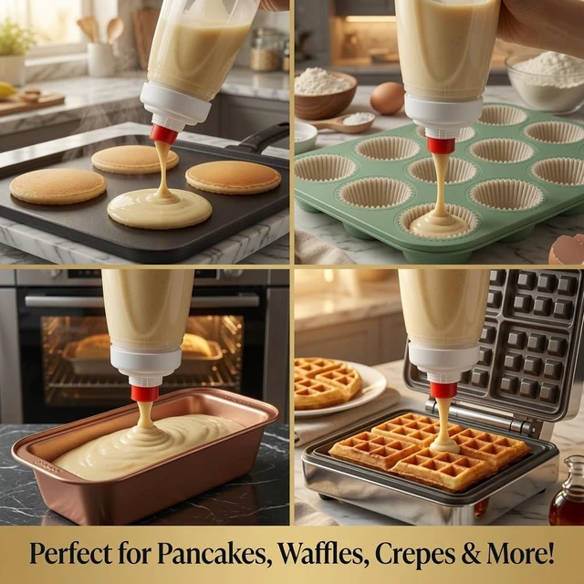 Alt view image 2 of 7 - Pancake Batter Dispenser Set 2 - Pack Mixer Bottle with Whisk Ball,Protein Shaker, Silicone Pour Spout, Danish Dough Whisk, Spatula & Cleaning Brush, Waffle, Crepe, Cupcake & Muffin Batter