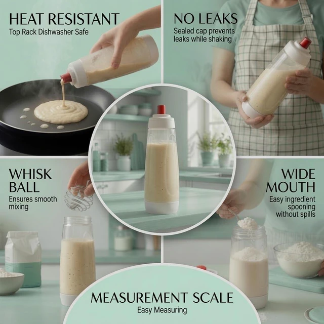 Alt view image 6 of 7 - Pancake Batter Dispenser Set 2 - Pack Mixer Bottle with Whisk Ball,Protein Shaker, Silicone Pour Spout, Danish Dough Whisk, Spatula & Cleaning Brush, Waffle, Crepe, Cupcake & Muffin Batter