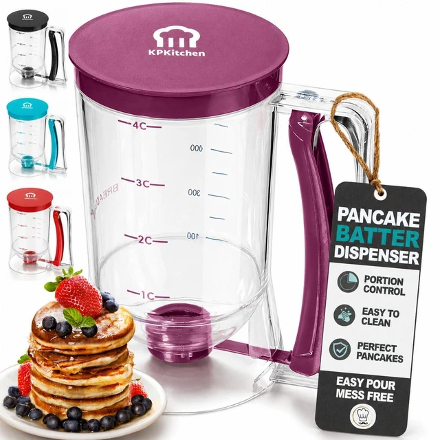 Main image of Pancake Batter Dispenser, Squeeze Handle for Pancakes, Waffles & Cupcakes |Griddle Use, Cake, Crepe and Muffin Batter, Measuring Marks, Easy Portion Control, Mess-Free Pouring, 4-Cup Capacity, Purple.