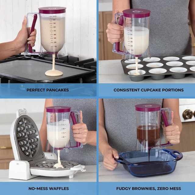 Alt view image 2 of 7 - Pancake Batter Dispenser, Squeeze Handle for Pancakes, Waffles & Cupcakes |Griddle Use, Cake, Crepe and Muffin Batter, Measuring Marks, Easy Portion Control, Mess-Free Pouring, 4-Cup Capacity, Purple.
