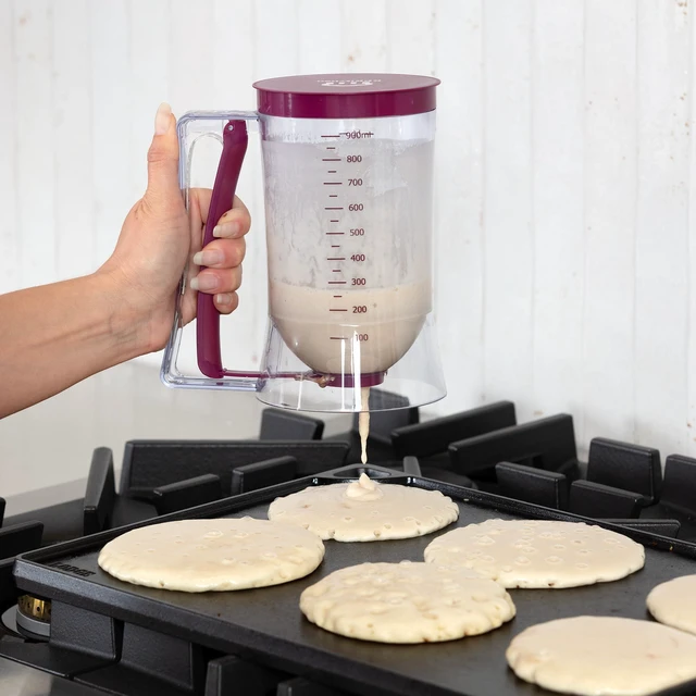 Alt view image 6 of 7 - Pancake Batter Dispenser, Squeeze Handle for Pancakes, Waffles & Cupcakes |Griddle Use, Cake, Crepe and Muffin Batter, Measuring Marks, Easy Portion Control, Mess-Free Pouring, 4-Cup Capacity, Purple.