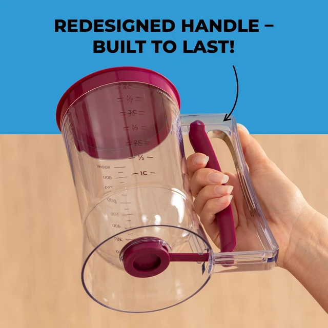 Alt view image 7 of 7 - Pancake Batter Dispenser, Squeeze Handle for Pancakes, Waffles & Cupcakes |Griddle Use, Cake, Crepe and Muffin Batter, Measuring Marks, Easy Portion Control, Mess-Free Pouring, 4-Cup Capacity, Purple.