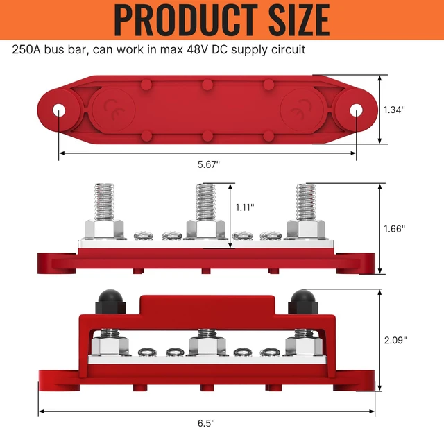 Alt view image 2 of 6 - Bus Bar 250A 12V Power Distribution Block with 3 x 3/8"(M10) Studs Marine Bus Bar Terminal Block 12 Volt DC Battery Busbar with Cover - Negative&Positive