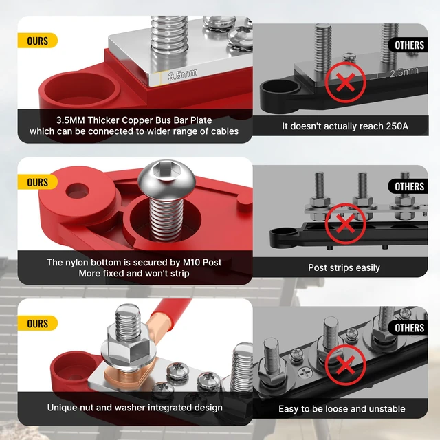 Alt view image 4 of 6 - Bus Bar 250A 12V Power Distribution Block with 3 x 3/8"(M10) Studs Marine Bus Bar Terminal Block 12 Volt DC Battery Busbar with Cover - Negative&Positive