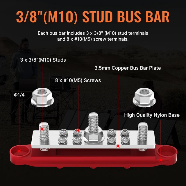 Alt view image 3 of 6 - Bus Bar 250A 12V Power Distribution Block with 3 x 3/8"(M10) Studs Marine Bus Bar Terminal Block 12 Volt DC Battery Busbar with Cover - Negative&Positive